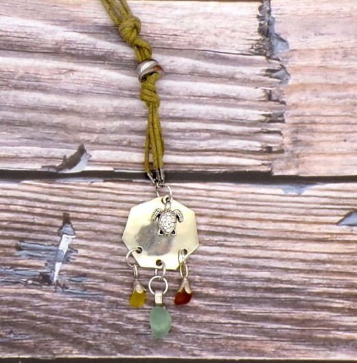 Cornish Seaglass And Hemp Pendant- 26 Inch- Turtle Charm- Beach Jewellery