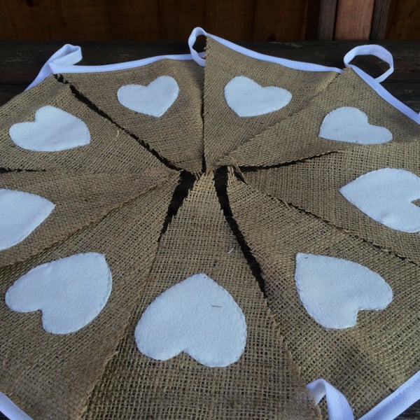 Hessian Bunting, Rustic with White Heart Detail, for Weddings, Christmas