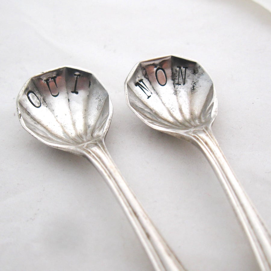 Tiny pair of answer spoons, handstamped saltspoons, oui or non