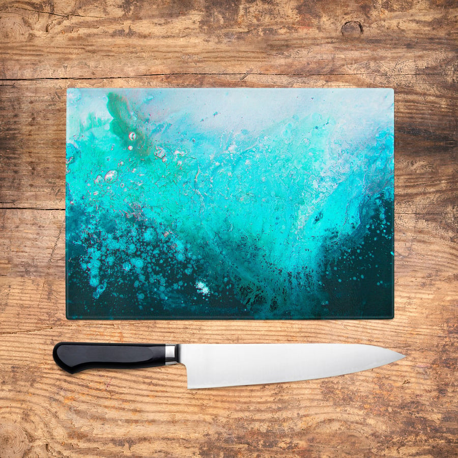 Teal Glass Chopping Board - Teal Turquoise & Black Abstract Worktop Saver, Platt