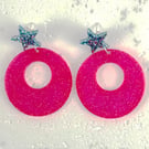 Vibrant Neon Pink Hoop&Little Sparkly Blue Star Stud Earrings-Gift Box Included