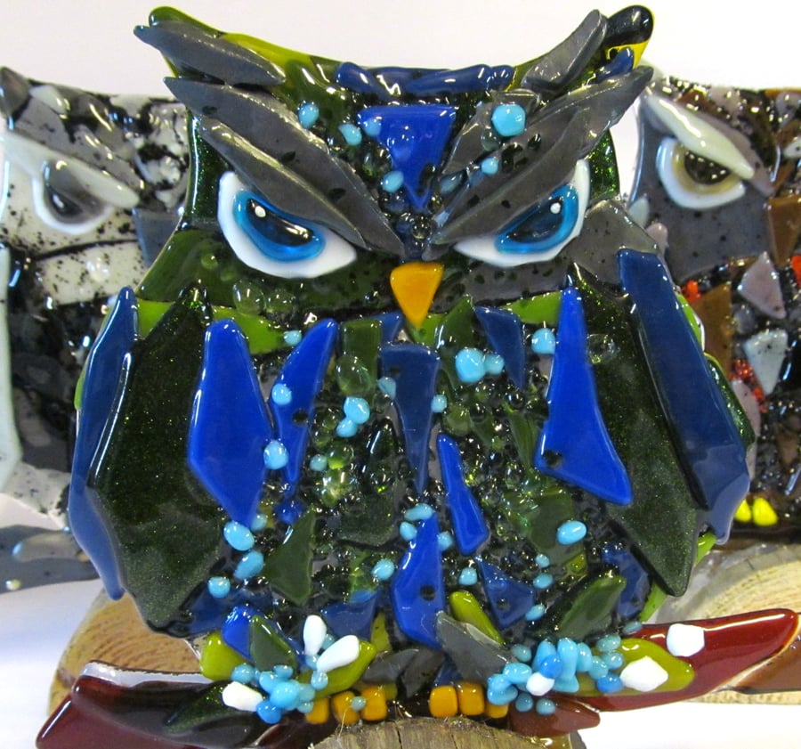 Owl Fused Glass Ornament (Deep Blue and Green)