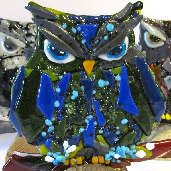 Owl Fused Glass Ornament (Deep Blue and Green)