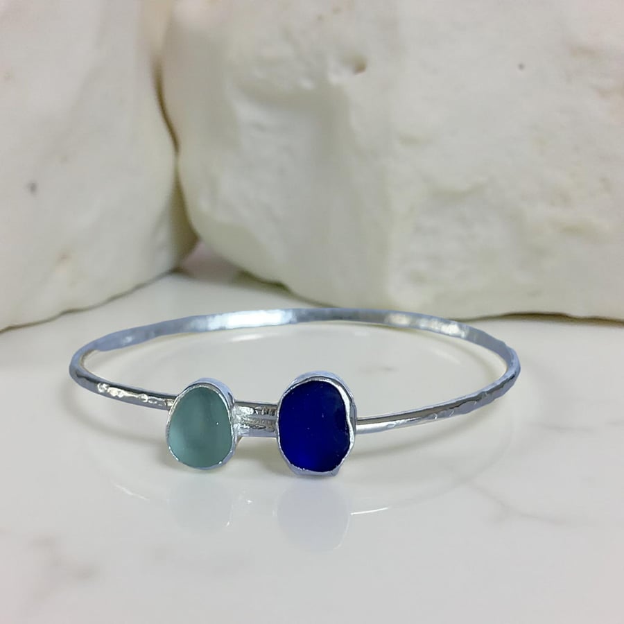 Silver Duo Sea Glass Bangle 
