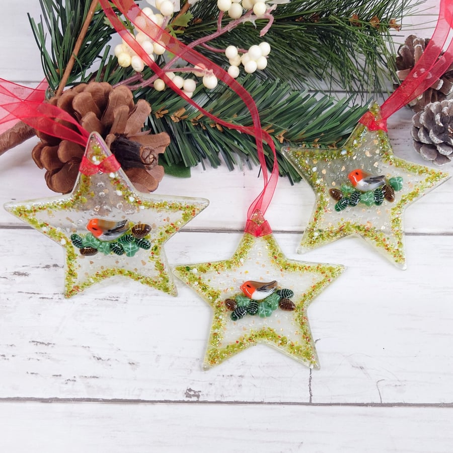 Christmas Star Hanging Decoration; Original Christmas Gift with a Robin