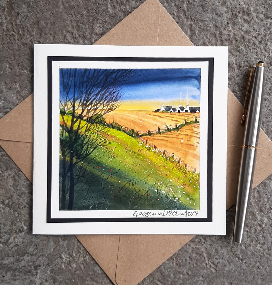 Blank Card. Handpainted Watercolour Card of Autumn Colours Fields.