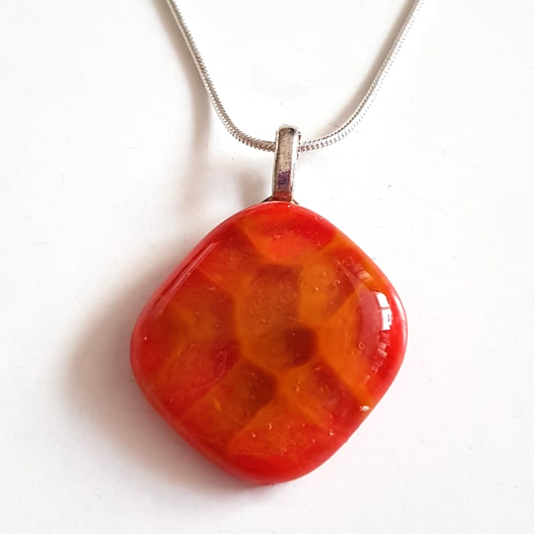 Red and Orange Fused Glass Pendant - Fiery Abstract Glass Necklace
