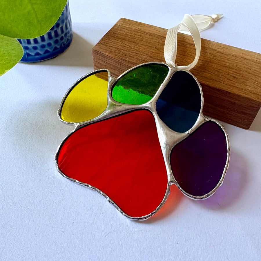 Multicolored stained glass dog paw print suncatcher, Gift for dog lovers