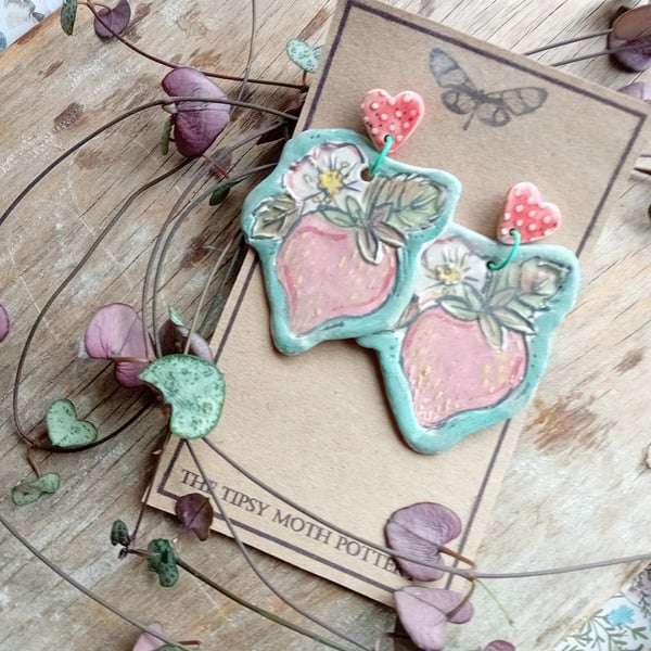 Pink and turquoise strawberry linocut rustic porcelain clay earrings 
