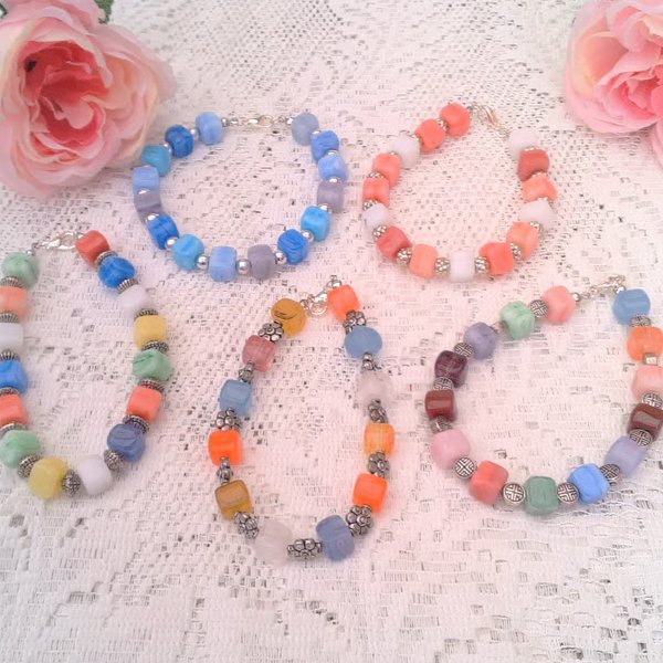 Multi Coloured Glass Cube Bead and Silver Spacer Bracelet, Gift for Her