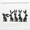 Lino Print - Line of Hares ii - hare art, hare print, hares,
