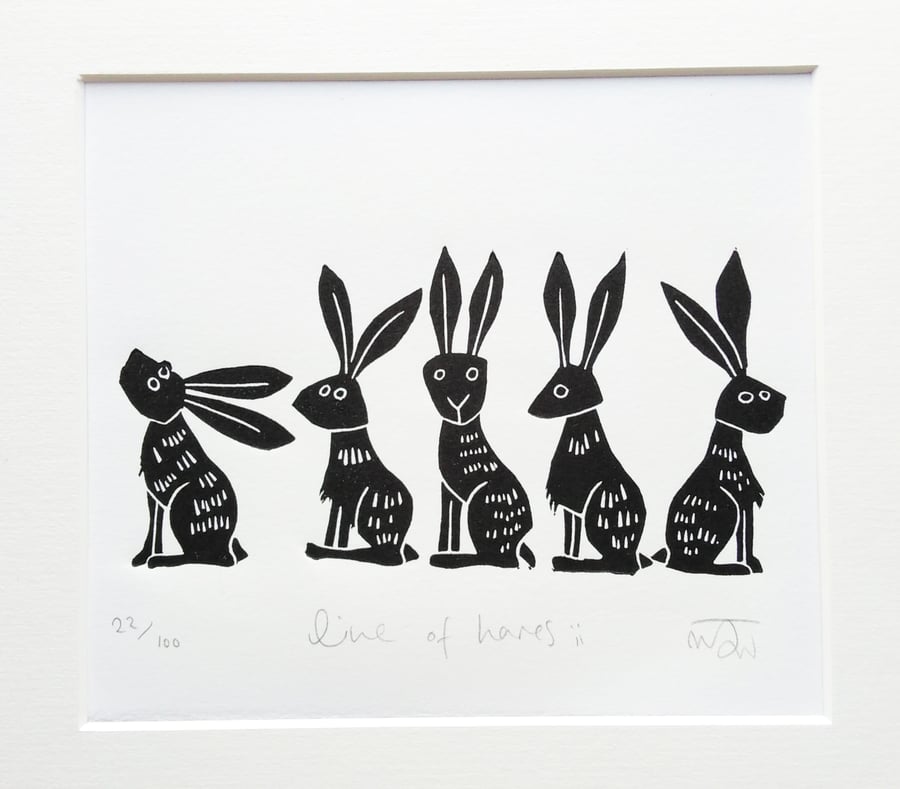 Lino Print - Line of Hares ii - hare art, hare print, hares,