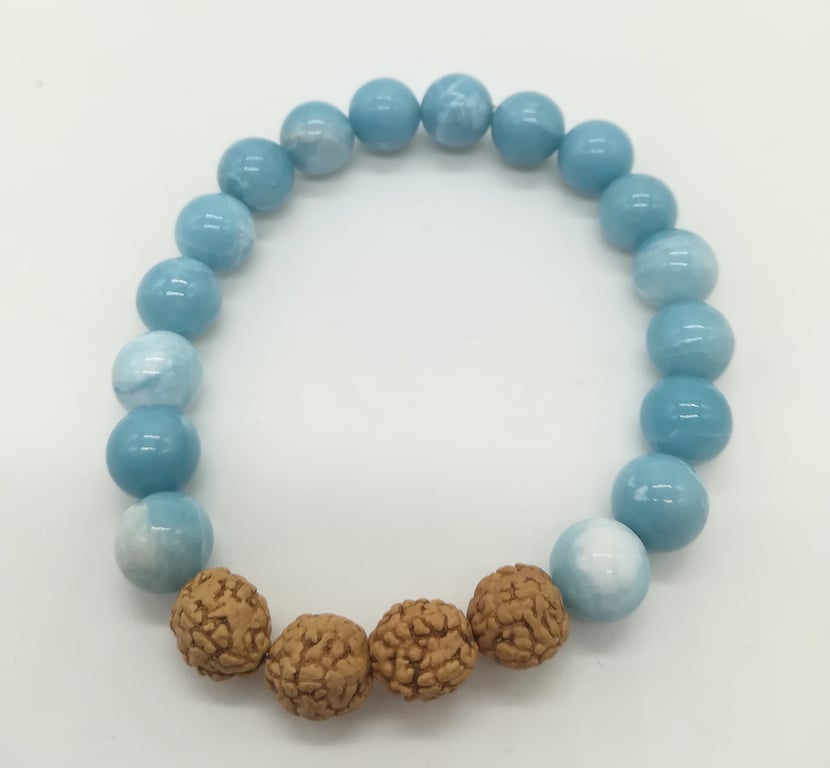 Handmade Larimar and Rudraksha bead Stack Bracelet-inner peace tranquility reiki