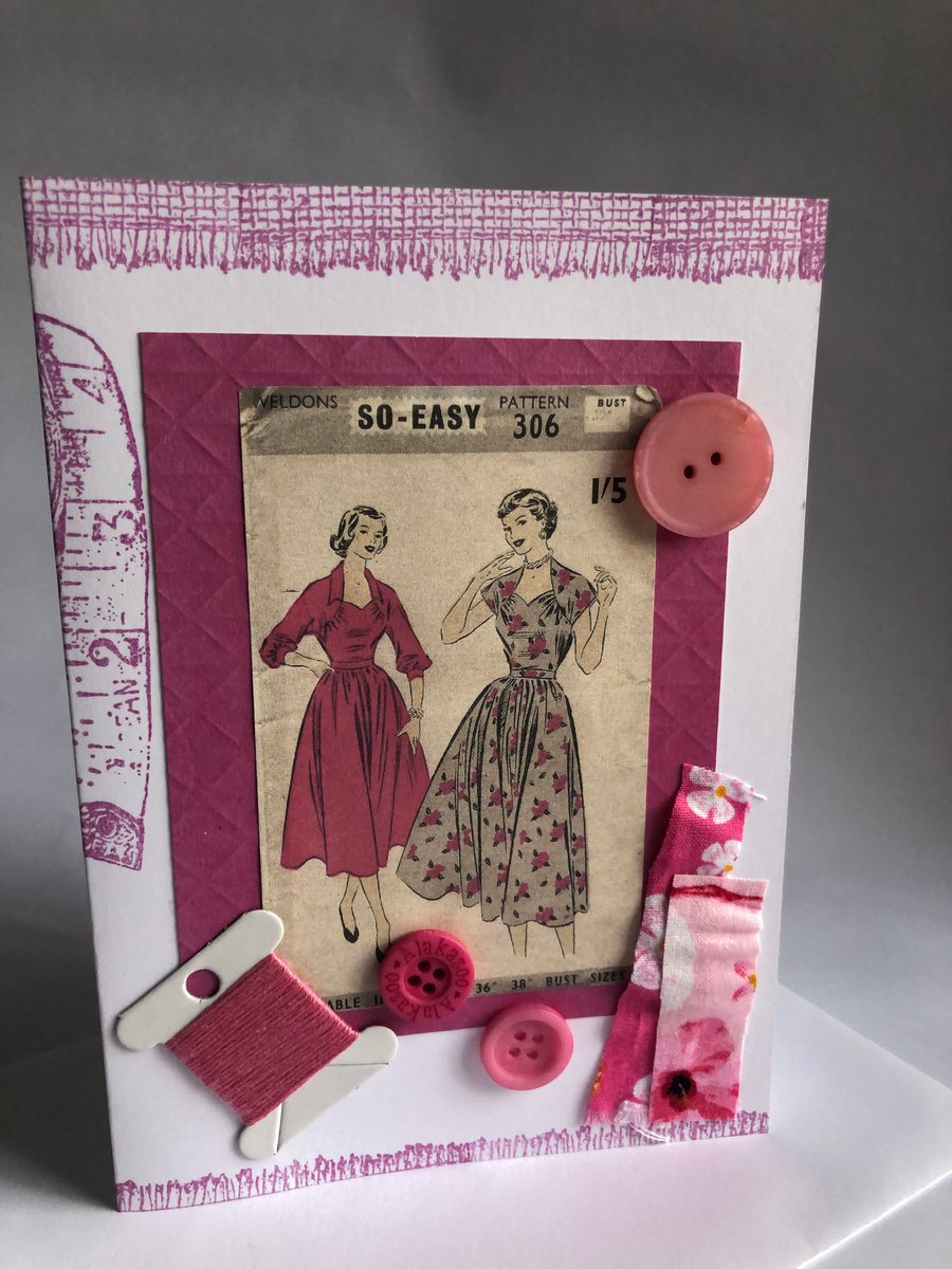 Pink Themed 1950s Weldons So Easy 306 Vintage Dress Sewing Pattern Greeting Card