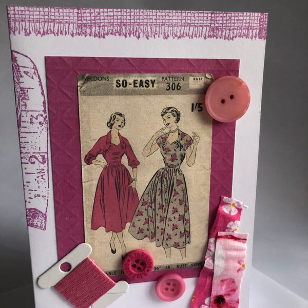 Pink Themed 1950s Weldons So Easy 306 Vintage Dress Sewing Pattern Greeting Card