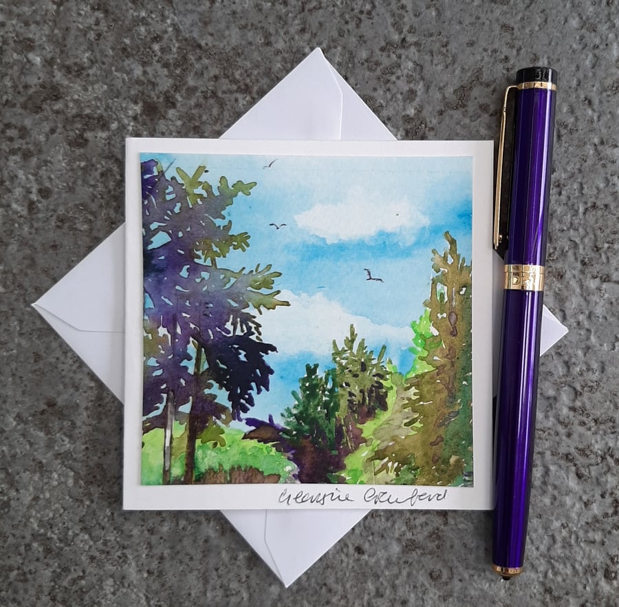 Mini Handpainted Blank Card Of Birds Soaring Over Treetops