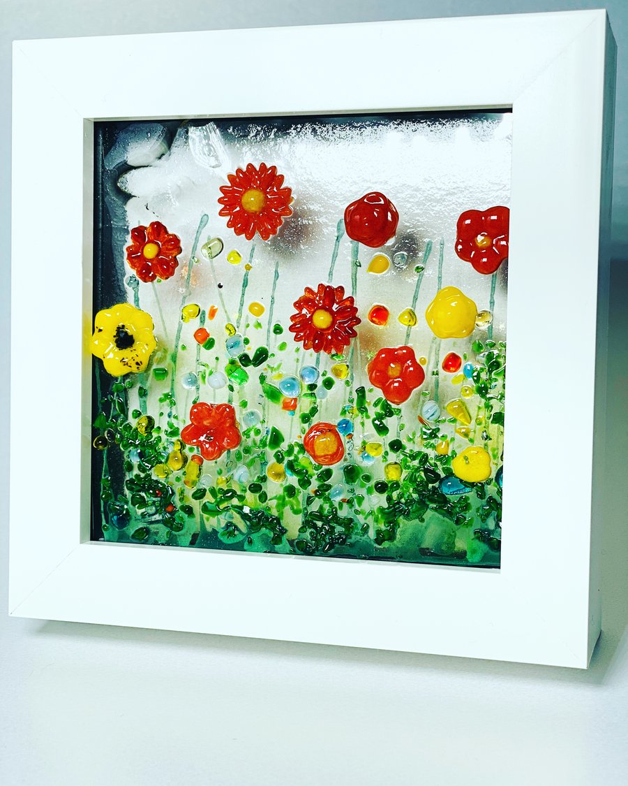 Red floral  fused glass mini meadow picture 