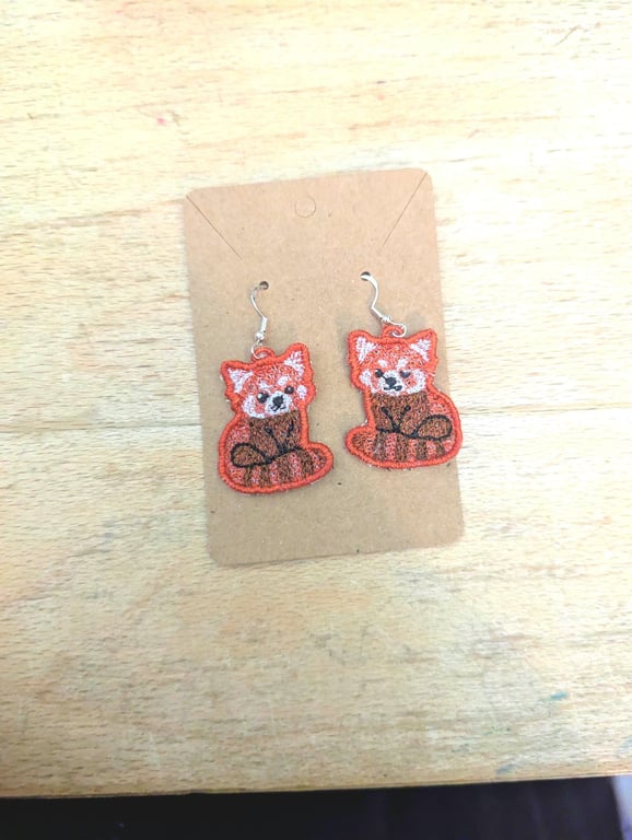 Red Panda earrings, machine embroidered gift for women girls, present jewellery 