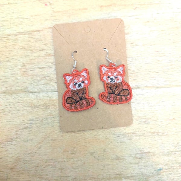 Red Panda earrings, machine embroidered gift for women girls, present jewellery 