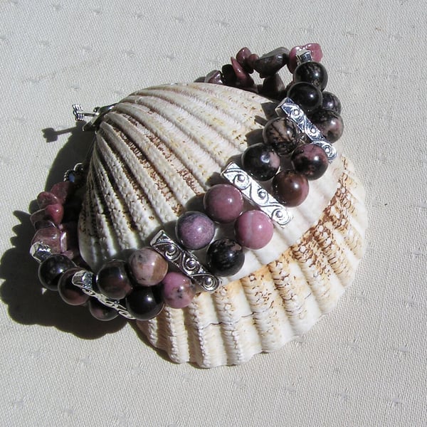 Pink & Black Rhodonite Gemstone Crystal Beaded Bracelet