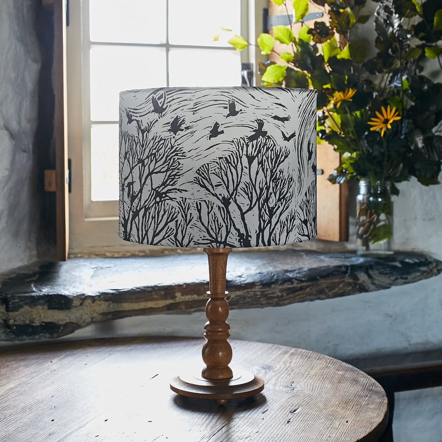 'The Rookery' lino print design drum lampshade
