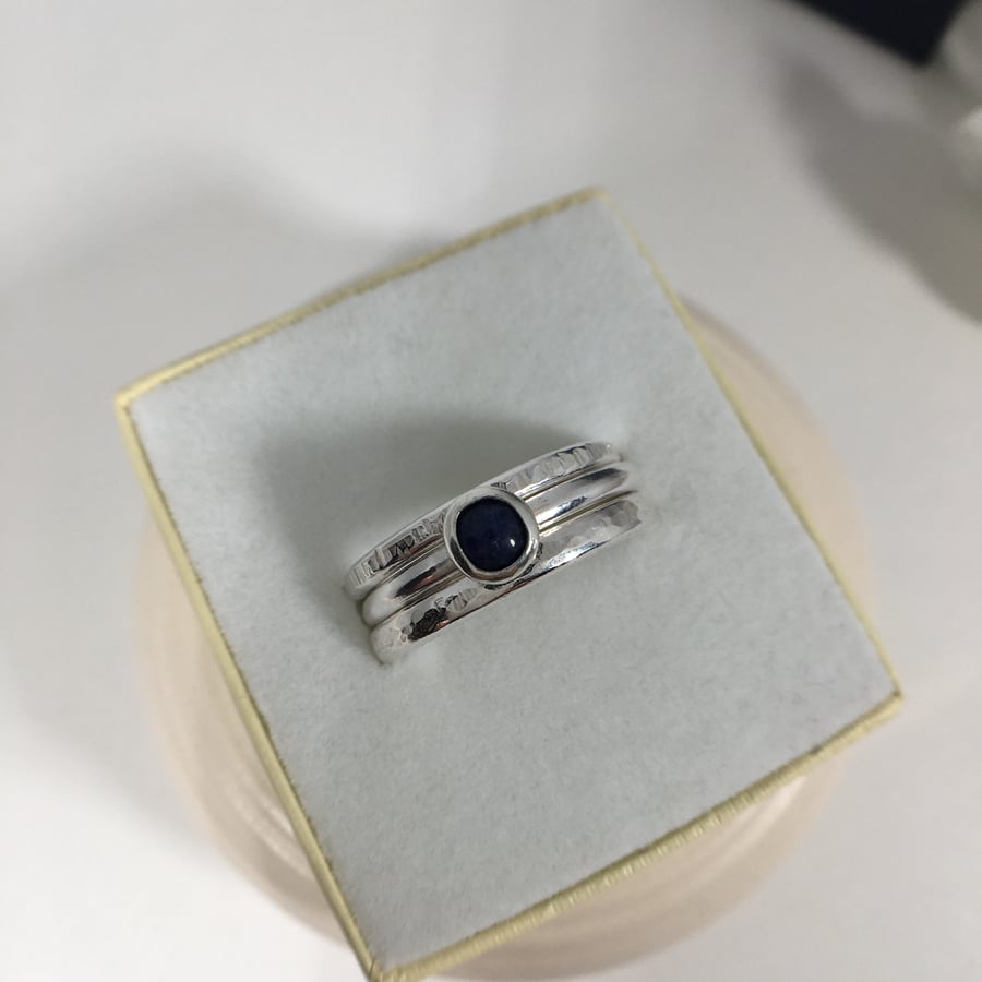 3 Sterling Silver Stacking Rings, one set with Blue Sodalite Stone - Hallmarked