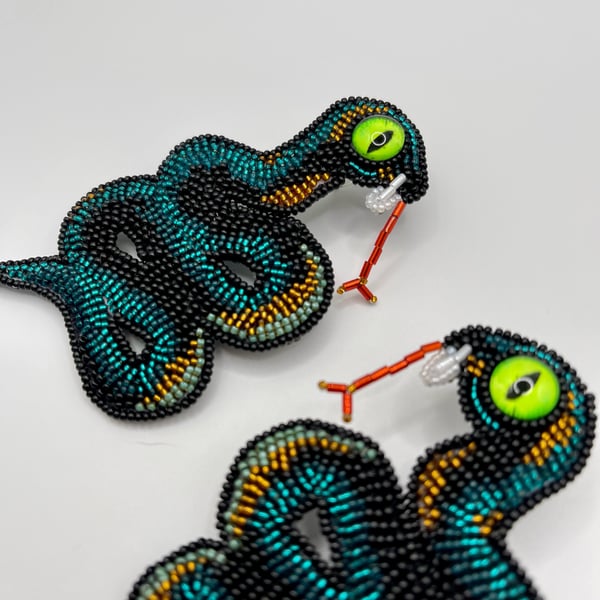 Unique design bead embroidered “Snake” earrings, fully handmade. Studs