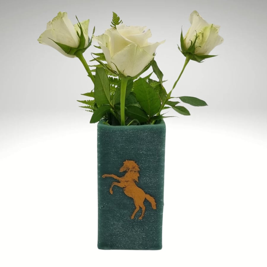 Vase Oblong Shaped Made of Green Wax With Gold Rearing Horse Second
