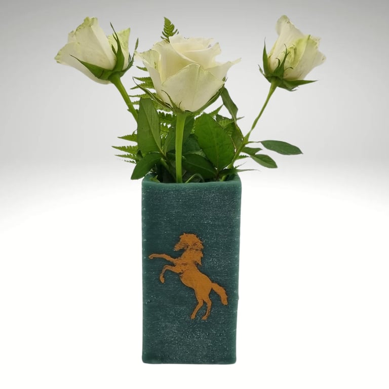Vase Oblong Shaped Made of Green Wax With Gold Rearing Horse Second