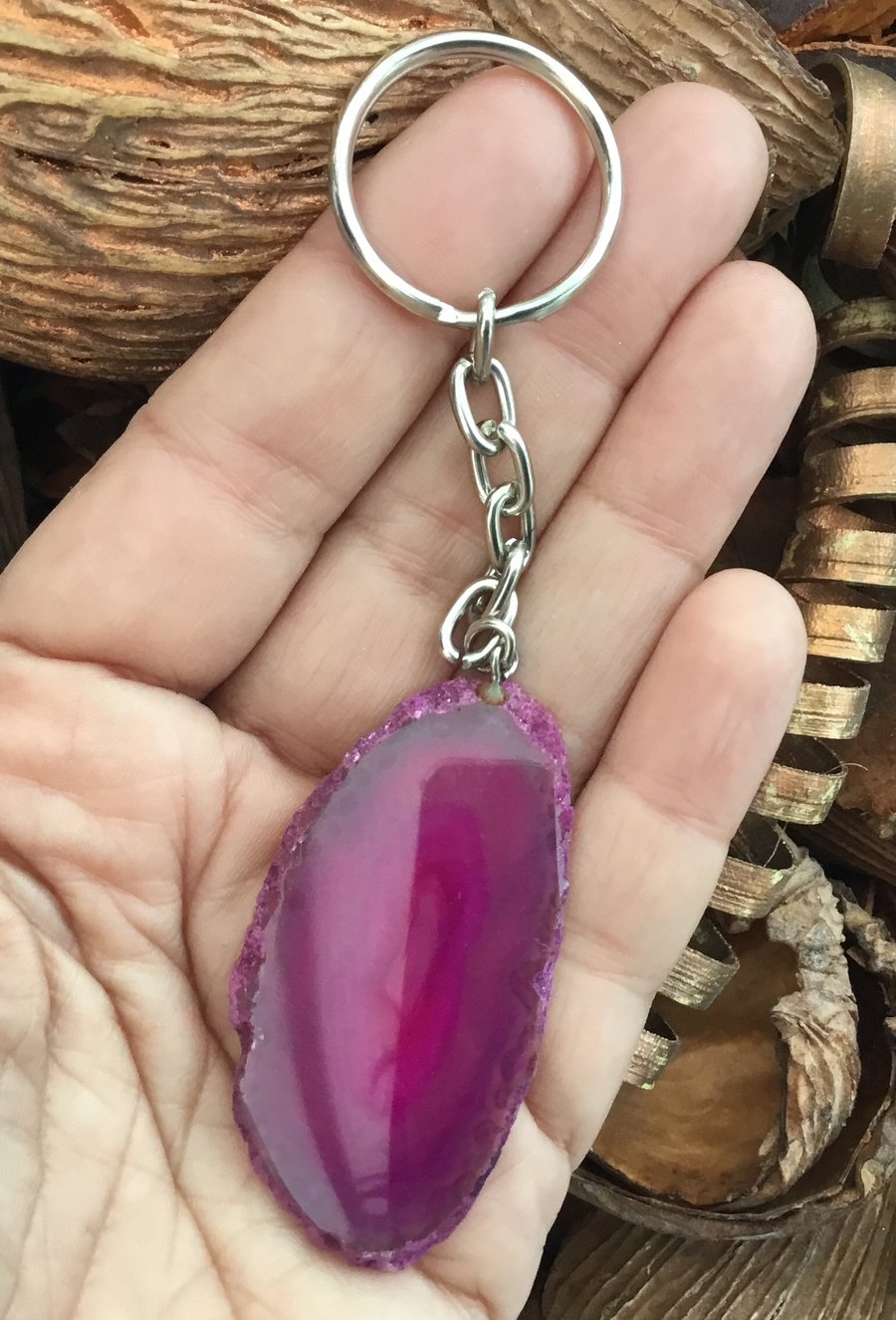 Sale!  Concentric Pink Dyed Agate Geode Slice Keyring or Handbag Charm.