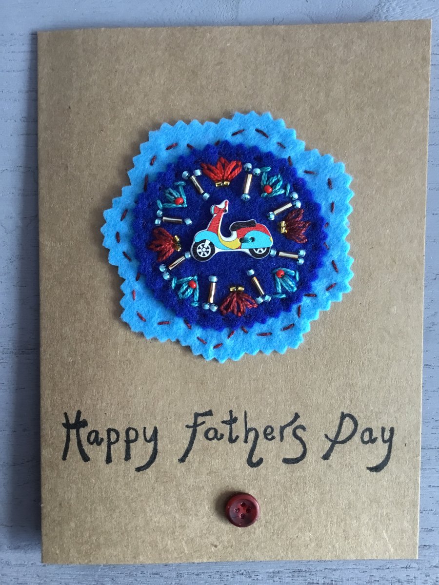Hand Embroidered Scooter Fathers Day Card 