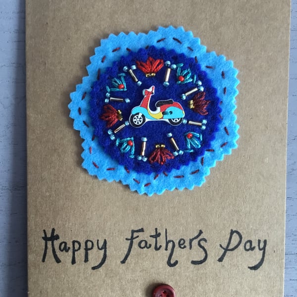 Hand Embroidered Scooter Fathers Day Card 