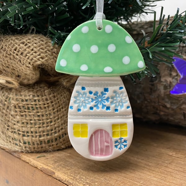 Ceramic toadstool Christmas decoration green roof