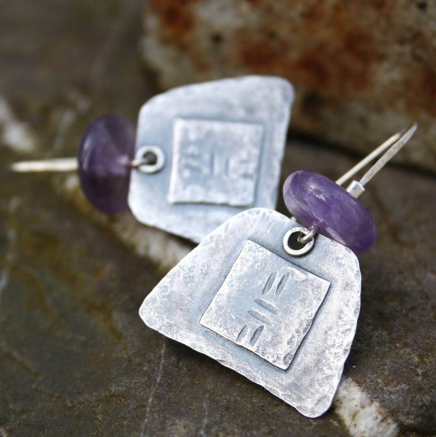 Silver and amethyst large tribal earrings