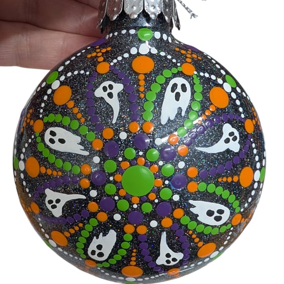 Hand painted dot mandala Halloween ornament