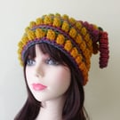 Hat Crochet Funky Design with Curly Tassels.  Vibrant Burnt Rainbow Shades.