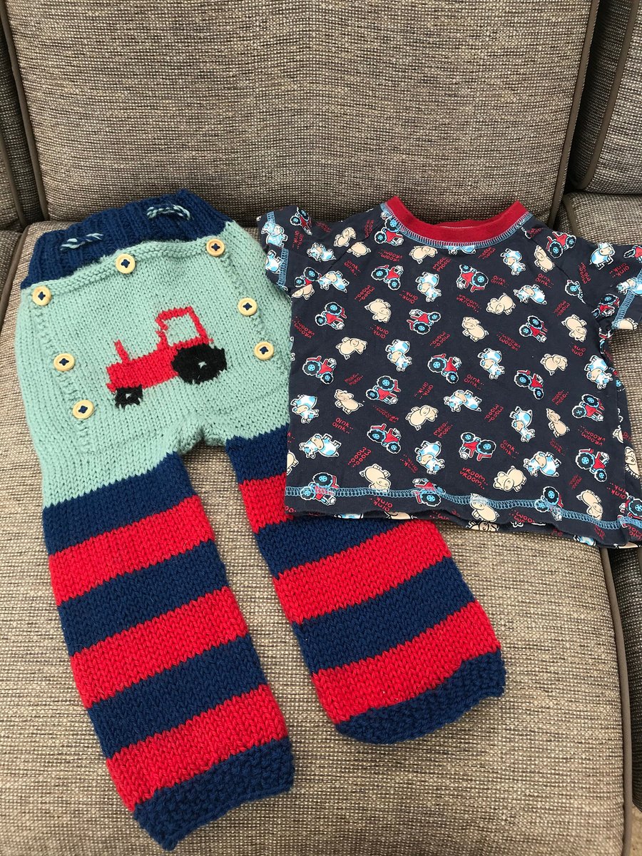 Hand knitted pure wool longies ,Little John butt flap style ,tractor, t shirt 