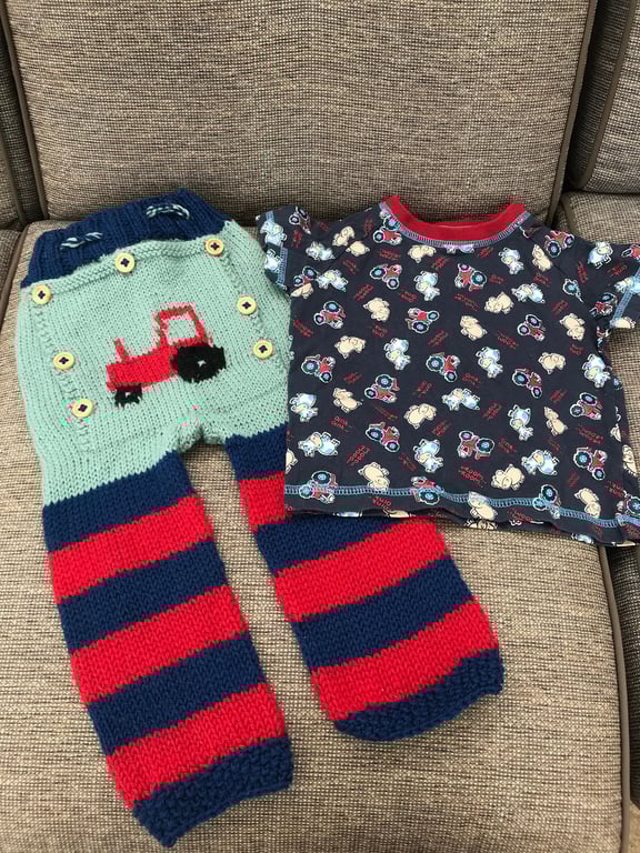 Hand knitted pure wool longies ,Little John butt flap style ,tractor, t shirt 