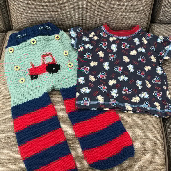 Hand knitted pure wool longies ,Little John butt flap style ,tractor, t shirt 