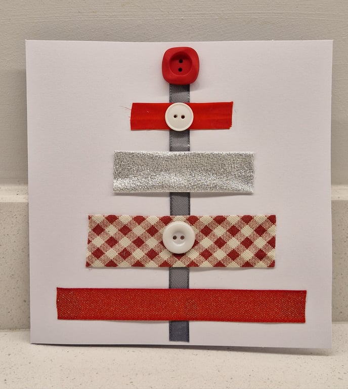 Christmas Tree card with silver & red ribbons & buttons