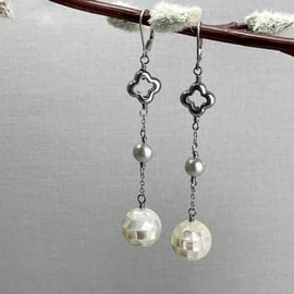 Elegant Long Drop Pearl, Mosaic Shell & Clover Leaf Bridal Lever Back Earrings