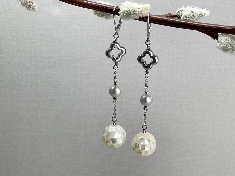 Elegant Long Drop Pearl, Mosaic Shell & Clover Leaf Bridal Lever Back Earrings