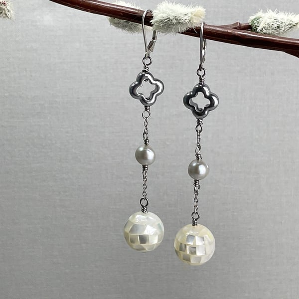 Elegant Long Drop Pearl, Mosaic Shell & Clover Leaf Bridal Lever Back Earrings