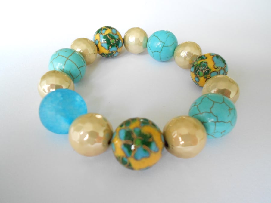 Cloisonne, Turquoise and Frosted Agate Bracelet