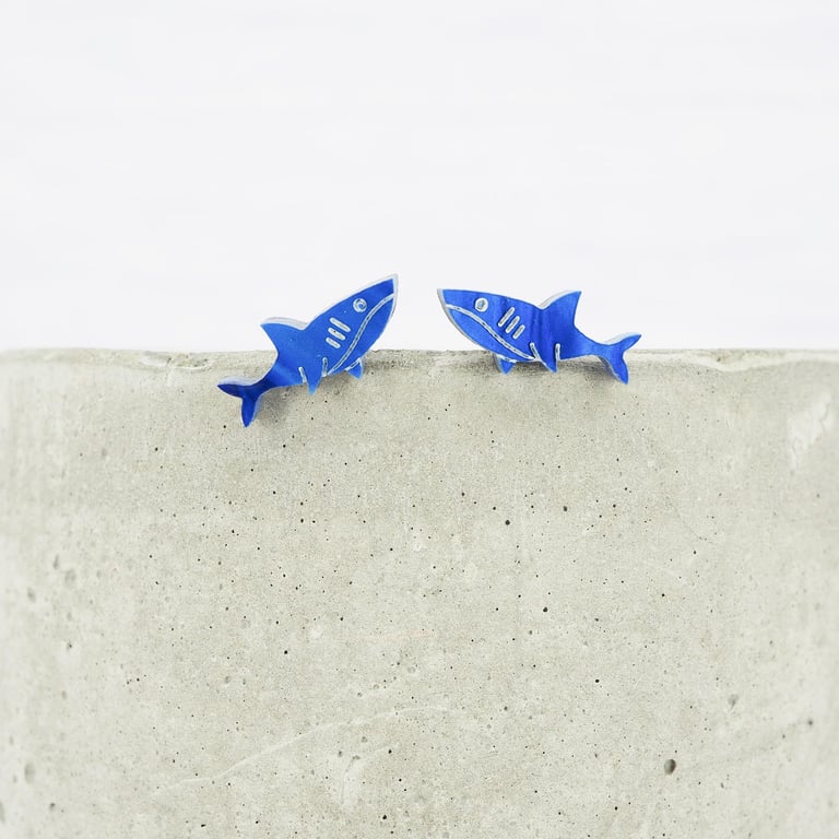 Titanium posts - Shark acrylic stud earrings - Blue shark - Hypoallergenic