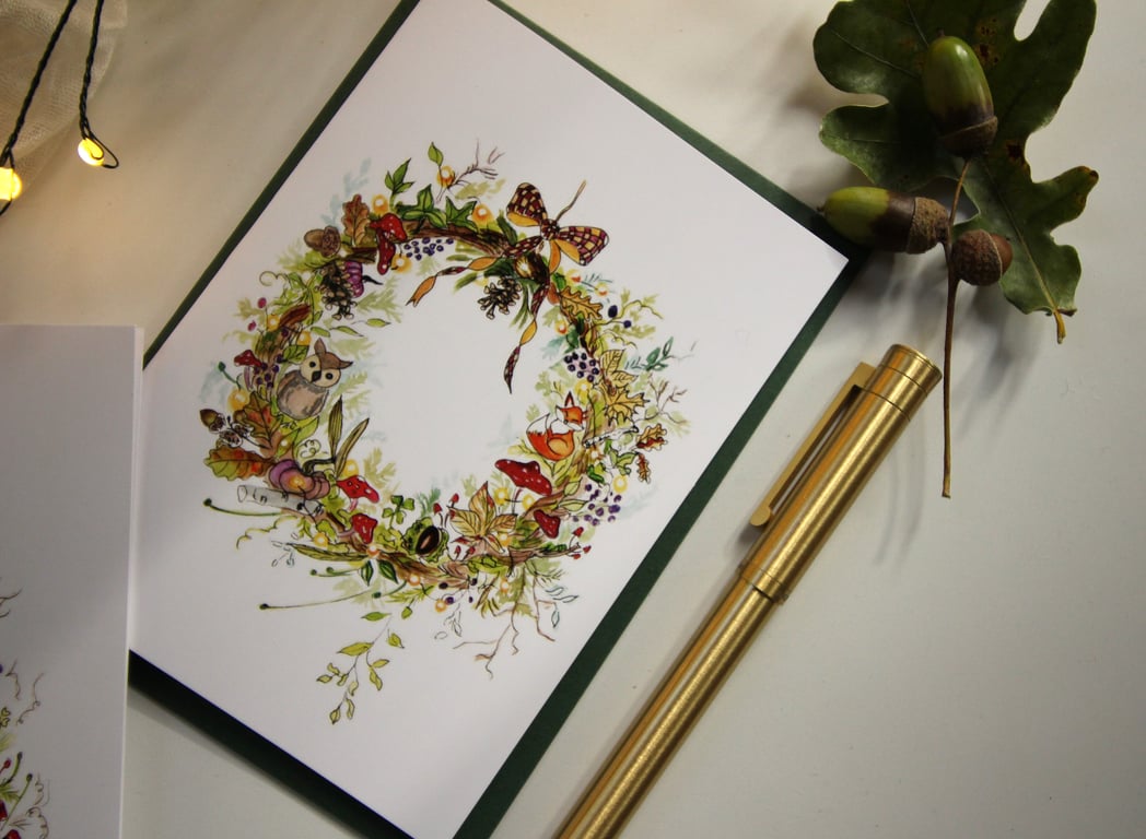 Autumn Woodland Wreath Card – Fox, Owl & Acorn Christmas Wreath