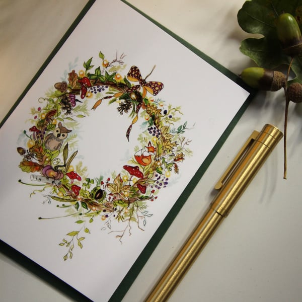 Autumn Woodland Wreath Card – Fox, Owl & Acorn Christmas Wreath