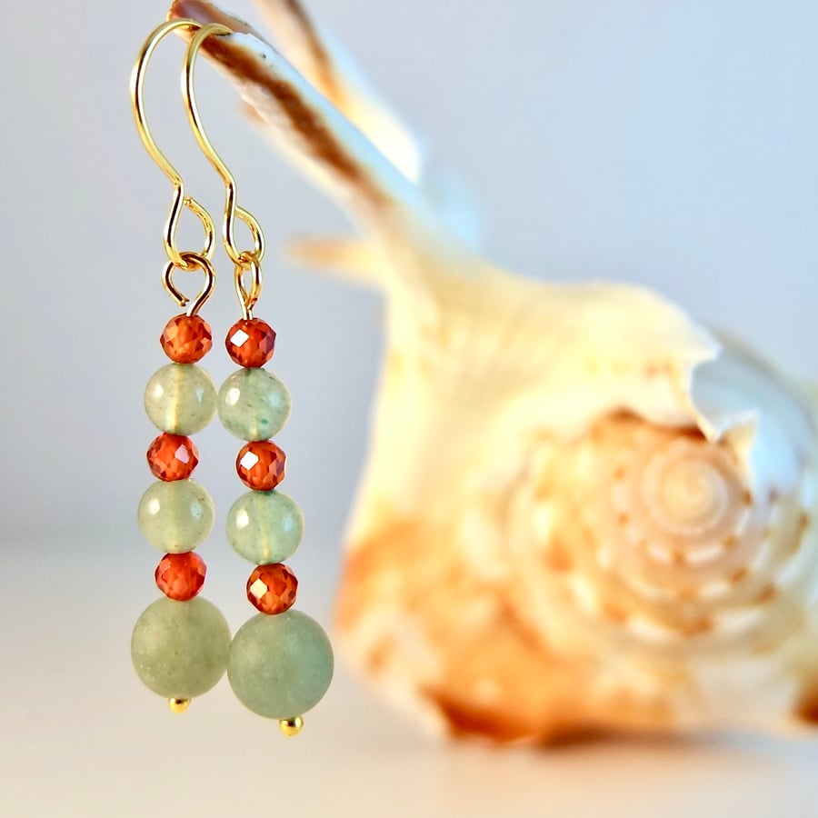 Green Aventurine Earrings With Burnt Orange Zircon - Handmade In Devon