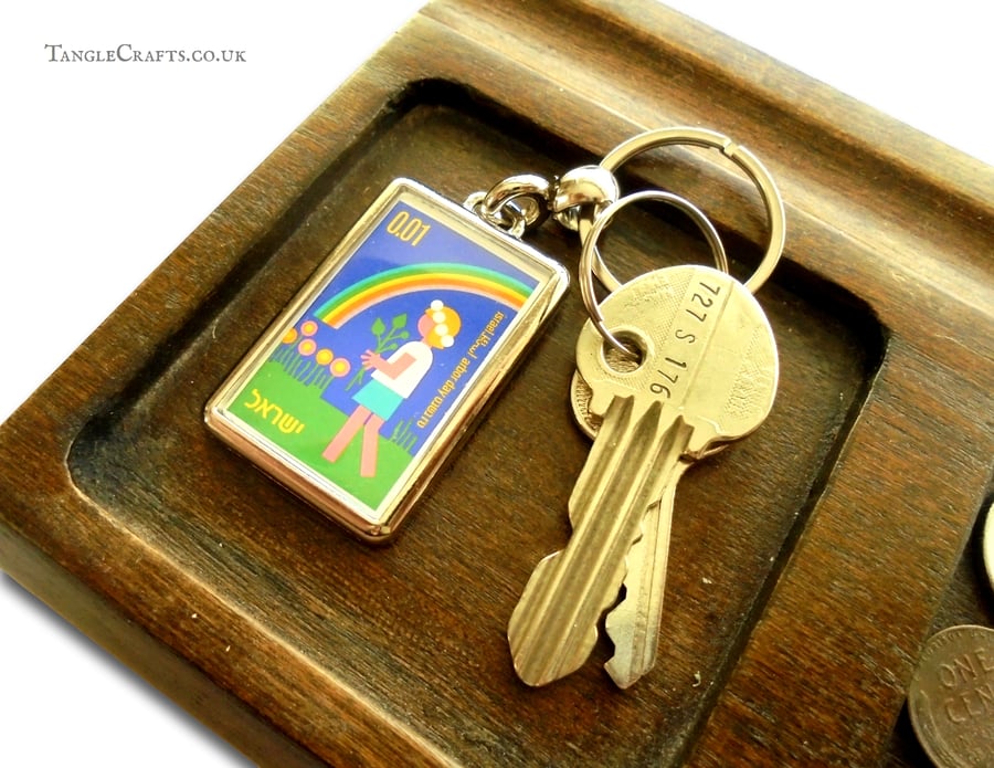 Rainbow Child Keyring - retro 1970s upcycled vintage postage stamp from Israel
