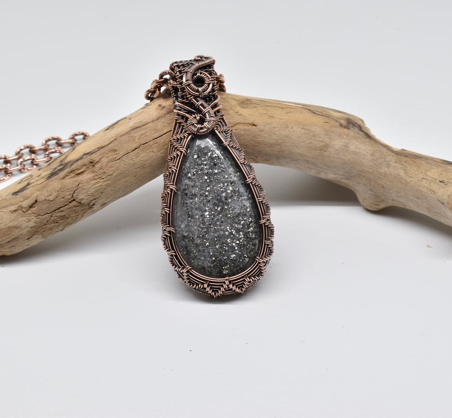 Black Sunstone and Copper Wire Woven Gothic Pendant